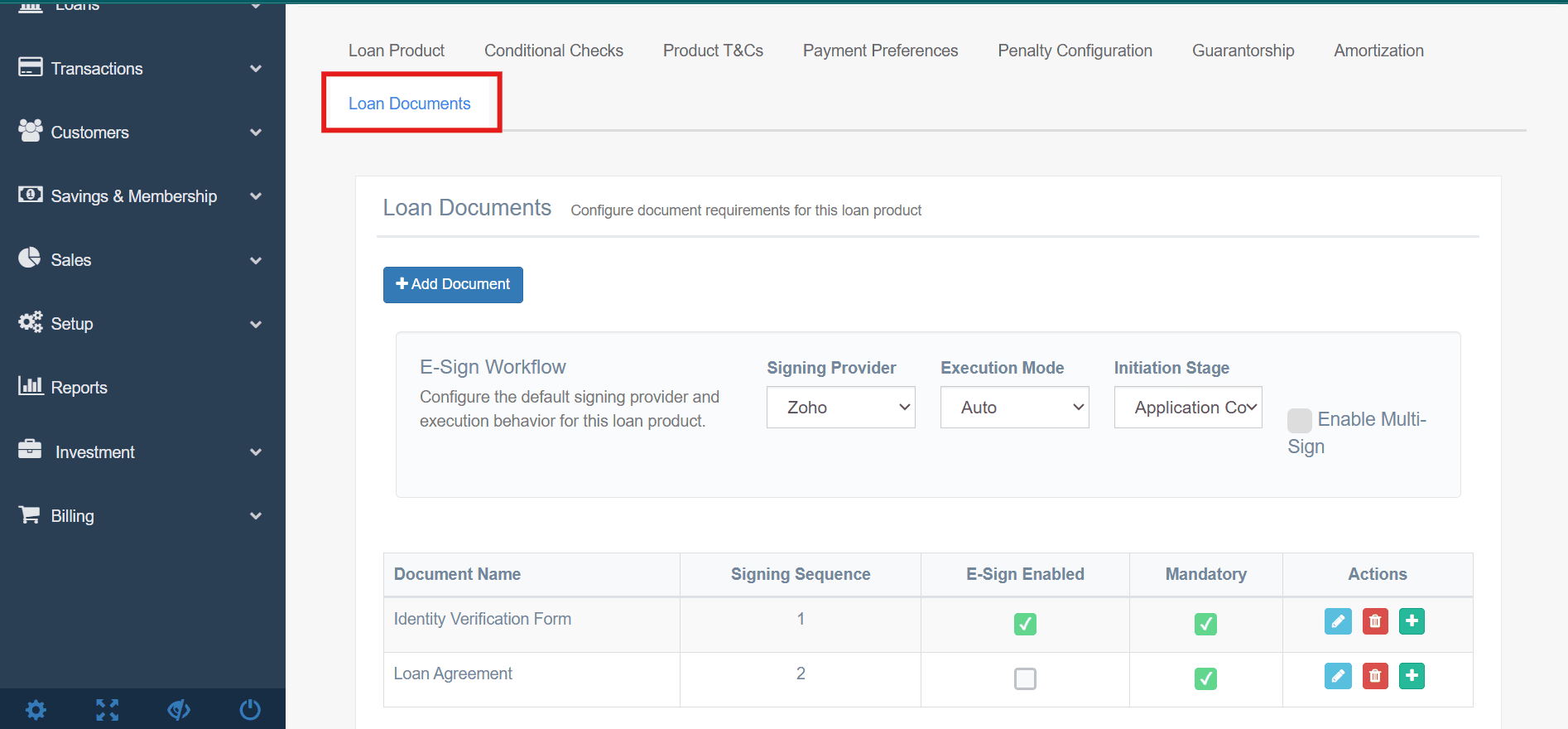Figure 3.2b The Product Setup screen used to define specific mandatory documents and e-signature workflows for a loan type.